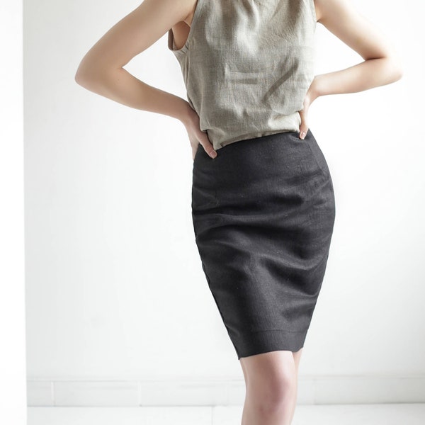 Linen pencil skirt CELINE, Linen skirt midi, Black linen skirt, Linen skirts for woman, Pencil skirt high waist, Short linen skirt
