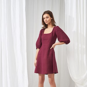 Linen puff sleeve dress AURORA in mini length, Square neck dress , Vintage inspired linen dress, Puff sleeve linen mini dress, A line dress