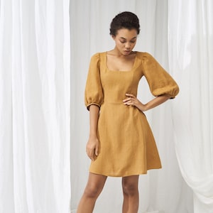Linen puff sleeve dress AURORA in mini length, Square neck dress , Vintage inspired linen dress, Puff sleeve linen mini dress, A line dress