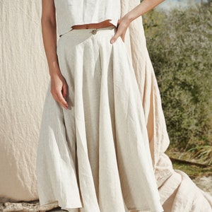 High Waisted Linen Circle Skirt WAVY: Calf Length Button Closure