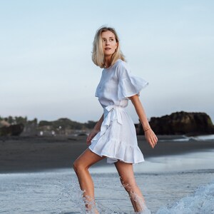 Linen dress CHERYL, Linen wrap dress with ruffle, Mini summer dress, Linen dress with belt, Natural linen dress for woman