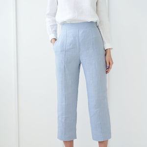 Linen flat front pants TORI, Linen crop pants, Relaxed linen pants, Blue linen pants, Summer linen pants