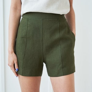 Linen shorts TORI, Linen shorts for woman, High waisted linen shorts, Short shorts woman, Linen beach shorts Forest Green