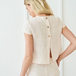 Camisa de lino con botones en la espalda AMELIA, top de cultivo de lino, top de lino de manga corta, blusa de mangas casquillo, top de lino hecho a mano, top de lino para mujer Ivory
