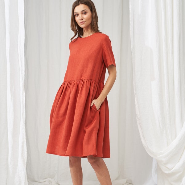 Loose linen dress DARLING , Linen ruffle waist dress, Linen dress with pockets, Midi length dress for woman, Linen summer dress