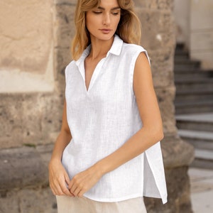 Relaxed linen shirt MAGGIE, Loose sleeveless linen top with collar and side splits