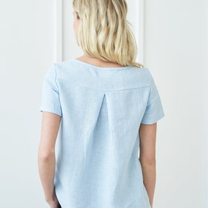 Linen back fold detail shirt OLIVIA, Short sleeve linen shirt for women, Casual linen top, Womens linen clothing, White linen blouse