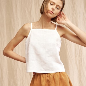 Linen crop top with spaghetti straps SKYLAR, White linen tank top, Spaghetti strap top, Crop top for woman, Linen summer blouse