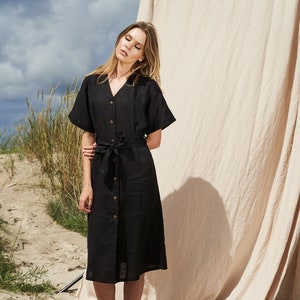 Linen Robe Dress HARPER: Kimono Sleeve Midi Dress with Belt
