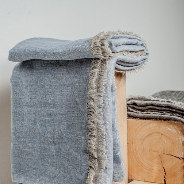 Bluish gray softened Linen throw, Linen throw blanket, Grey throw, Fringed throw blanket, Linen throws and blankets, Linen bed cover