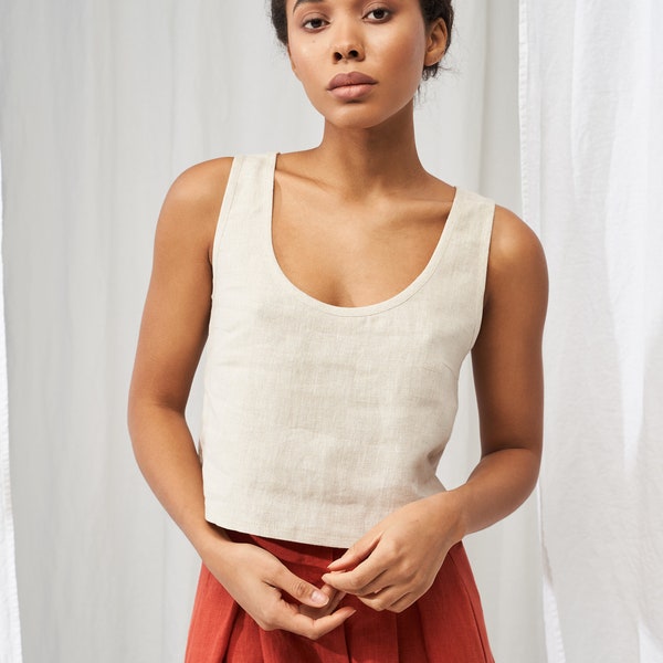 Linen crop top STELLA, Linen tank top, Linen sleeveless top, Natural linen top, Scoop neck crop top for woman, Linen casual top