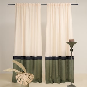 Conjunto de 2 painéis de cortina de bloco de cor de linho, cabeçalho multifuncional, cortinas semitransparentes, 3 cores - marfim, carvão e cortinas de cores personalizadas