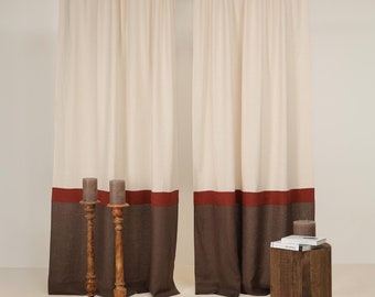Juego de 2 cortinas de lino con bloques de color, cortinas multifuncionales, cortinas de lino semitransparentes, cortinas de 3 colores, cortinas con bolsillo para varilla