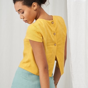 Linen button back shirt AMELIA, Linen crop top, Linen top short sleeves, Cap sleeves blouse, Handmade linen top, Linen top for woman Ceylon Yellow