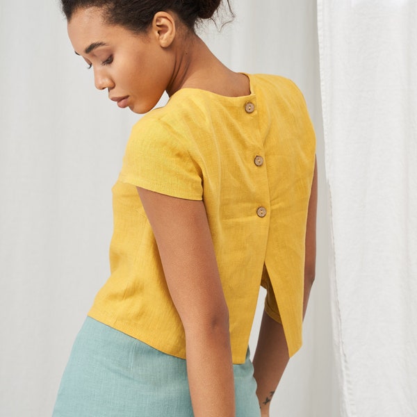 Linen button back shirt AMELIA, Linen crop top,  Linen top short sleeves, Cap sleeves blouse, Handmade linen top, Linen top for woman