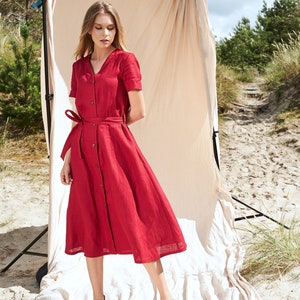 Linen button down dress SANNA,  Calf length linen dress, Short sleeve linen summer dress, Linen v neck dress for woman