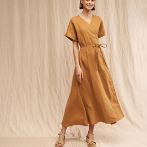 Maxi linen wrap dress DELILAH, Long linen dress, Mustard linen dress, Linen kimono dress with belt, Linen beach dress image 2