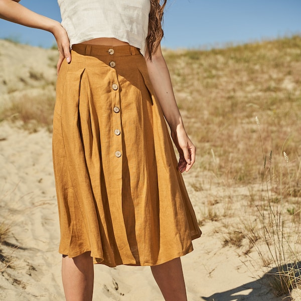 Jupe en lin boutonnée sur le devant BRINY, jupe midi pour femme, jupe en lin moutarde, jupe en lin d'inspiration vintage Une jupe en ligne, faite à la main en Lituanie