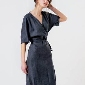 Linen Wrap Dress NOELLE: Kimono Sleeve Midi Dress, 27 Colors