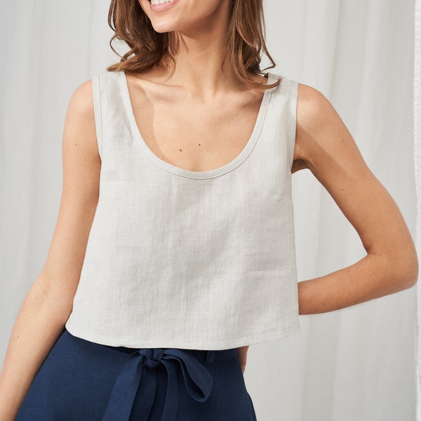 Linen crop top STELLA, Linen tank top, Linen sleeveless top, Natural linen top, Scoop neck crop top for woman, Linen casual top