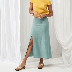 Linen skirt with front slit VALENCIA, Long linen skirt, High waisted skirt, Long skirt for woman, Handmade linen skirt, Calf length skirt