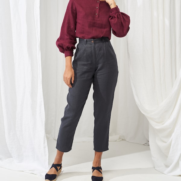 High waisted linen Pants GINGER, Tapered linen pants, Linen pants for woman,  Softened linen pants,  Slim ankle linen pants, Linen trousers