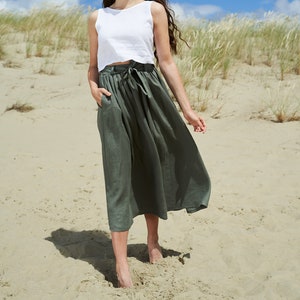 Linen maxi skirt SAGE, Long linen skirt with belt, Linen skirt with pockets, Maxi skirt for woman