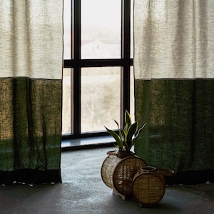 Set of 2 Color Block Linen Curtain Panels: Beige Tab Top Curtains