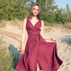 Linen Wrap Dress: Sleeveless Fit & Flare V-Neck Summer Dress ROSIE