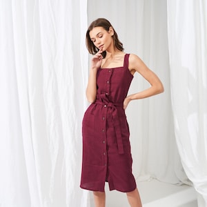 Linen Button Down Midi Dress: AVA Summer Strap Dress with Belt