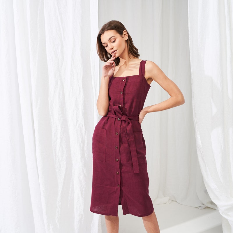 Black Linen Button Front Ruffle Hem Dress