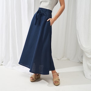 Jupe longue en lin ALESSIA, jupe longue en lin avec ceinture, jupe taille haute pour femme, jupe en lin avec poches, jupe longue en lin