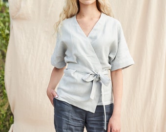 Wrap linen short sleeve shirt DENISE, Linen wrap top with kimono sleeves, Natural linen top for woman, Kimono sleeve shirt