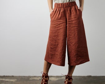 Linen culotte pants SIENNA, Linen pants with elastic waistband, Linen pants for woman, Linen pants, Linen wide leg pants