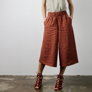 Linen culotte pants SIENNA, Linen pants with elastic waistband, Linen pants for woman, Linen pants, Linen wide leg pants