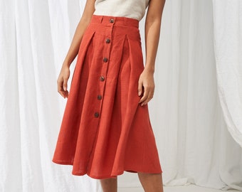 Button front linen skirt BRINY, Midi skirt for woman, Mustard Linen Skirt, Vintage inspired linen skirt A line skirt, Handmade in Lithuania