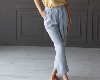 Linen pants with belt DAKOTA, Linen pants for woman,  Laundered linen pants, Natural handmade linen trousers,  Linen cigarette pant