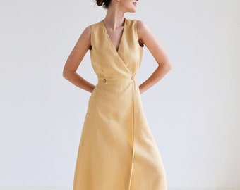 Robe longue en lin RIVIERA, robe longue sans manches, robe portefeuille en lin camel, robe portefeuille, robe en lin, robe d'été, robe en lin naturel