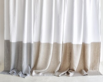 Set of 2 linen color block curtain panels, Rod pocket curtains, Multifunctional heading curtains, Semi-sheer linen curtains