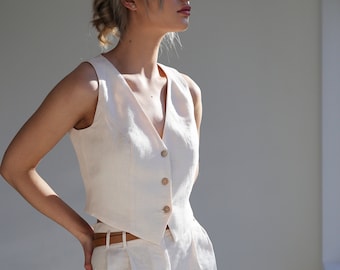 Linen Vest Top KELSEY: Sleeveless V Neck Crop Top