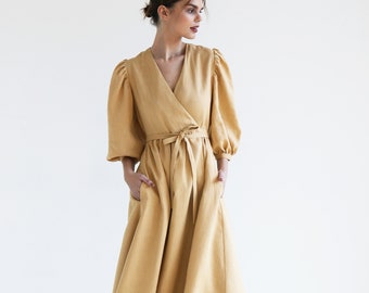 Puff sleeves wrap linen dress VERONA, Romantic dress, A line dress with puff sleeves, Flowy linen summer dress, V neck dress for woman