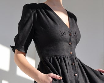 Linen Button-Down Dress: Fit & Flare V-Neck Summer Dress GRACE