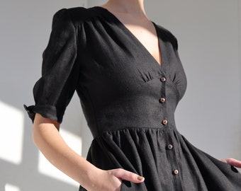 Button-Down-Leinenkleid GRACE, Fit und Flare V-Ausschnitt Kleid, Maßgeschneidertes Sommerkleid, Kleid mit Bindeärmeln, Romantisches Kleid, Vintage inspiriertes Kleid