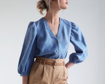 Button front V neck linen blouse ELOISE, Linen top with puff sleeves, Relaxed fitting linen top, Puff sleeve linen blouse
