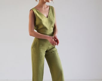 Open back linen jumpsuit UMA, Crop pants jumpsuit, Sleeveless jumpsuit for woman, V neck jumpsuit, Linen summer jumpsuit