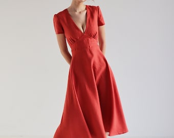 Linen Fit & Flare Dress SICILY: Deep V Neck Cup Sleeve - Handmade