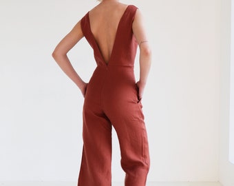 Open back linen jumpsuit UMA, Crop pants jumpsuit, Sleeveless jumpsuit for woman, V neck jumpsuit, Linen summer jumpsuit