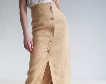 Button front straight cut skirt CYBILE, Long linen skirt for woman, Fitted linen skirt with a slit, Asymmetric skirt, Button down maxi skirt