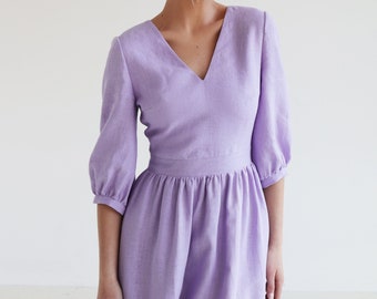 Vestido de lino con mangas abullonadas MADELEINE largo hasta la pantorrilla, vestido con cuello en V, vestido con espalda abierta para mujer, vestido de corte A, vestido para invitada de boda para mujer