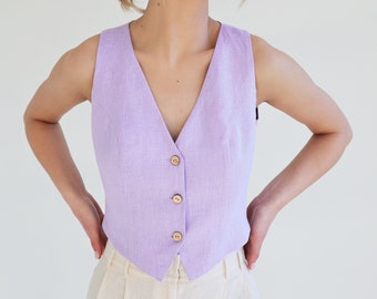 Linen vest top KELSEY, Linen tank top, Linen sleeveless top, Natural linen top, V neck crop top for woman, Button front linen top